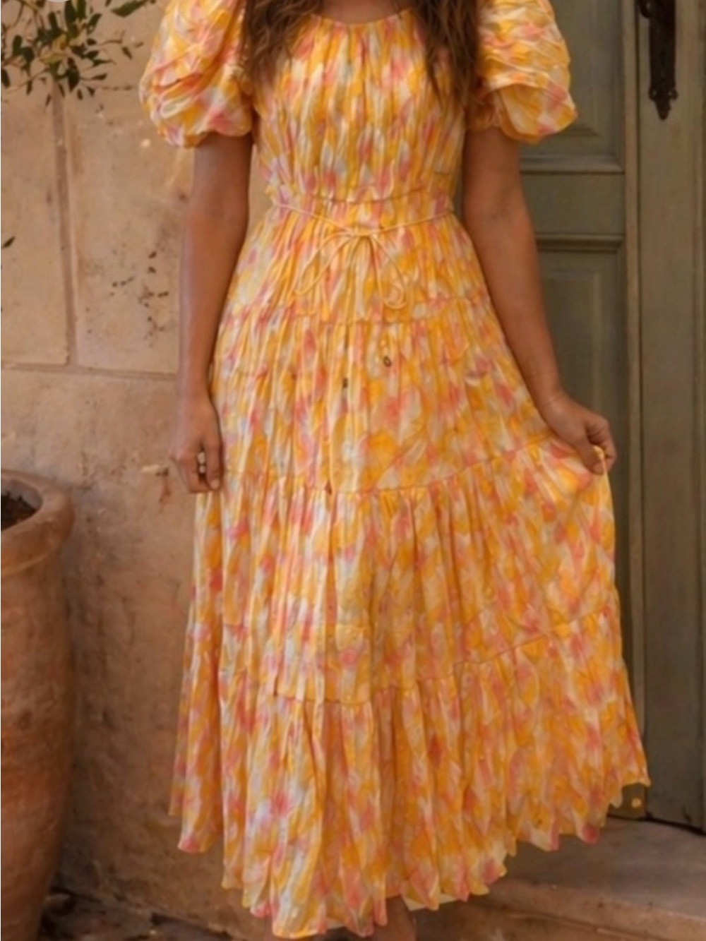 New Aleeza Paris Small Yellow Floral Puff-Sleeve Maxi Dress